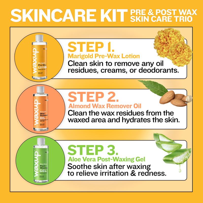waxup Before And After Waxing Skin Care Kit, Pre Wax lotion, Post Wax Oil, After Wax Care Aloe Vera Gel